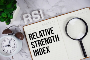 RSI - Relative Strength index acronym on notepad, Business concept background