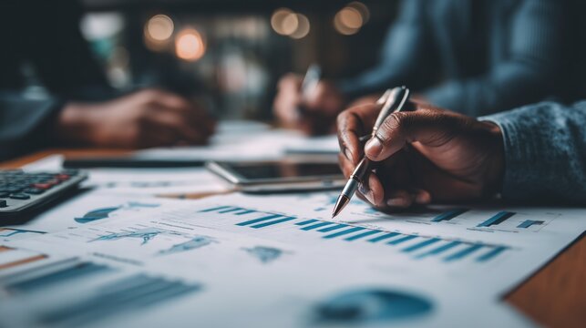 Close-up of Hands Analyzing Financial Reports with Pen and Calculator on Table - Powered by Adobe