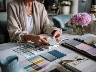 Elegant Choices: An interior designer's meticulous hands at work, surrounded by an array of color swatches, fabric samples, and design inspiration, capturing the essence of creativity and expertise.