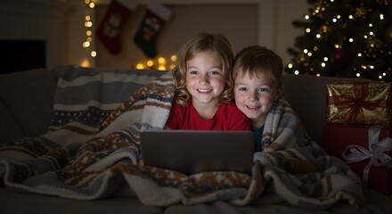 Two children smiling while watching a tablet under a blanket at Christmas  