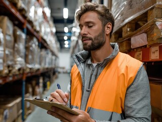 Warehouse Worker at Work: A focused warehouse worker meticulously reviews inventory details, pen in hand, amidst rows of stacked goods, symbolizing efficient logistics and supply chain management.