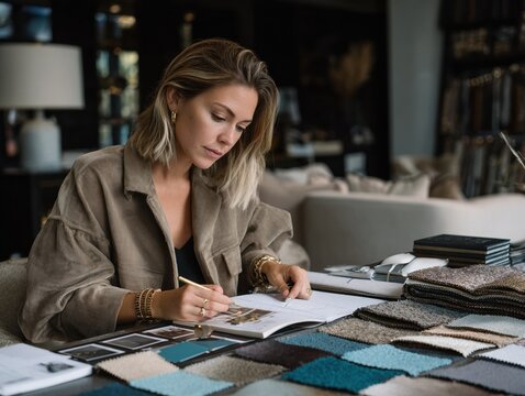Interior Designer at Work: A creative woman engrossed in her work, reviewing fabric swatches and taking notes, radiating passion for her design vision in a bright office space.