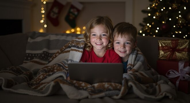 Two children smiling while watching a tablet under a blanket at Christmas  