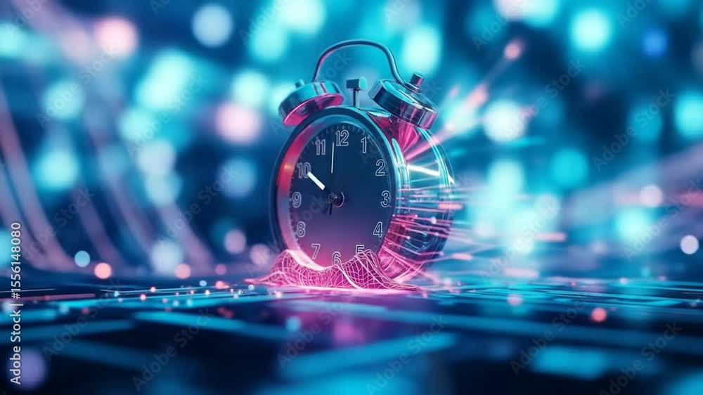 Poster surreal digital clock melts into a shining data stream. symbolizing fast modern life, rapid accelera