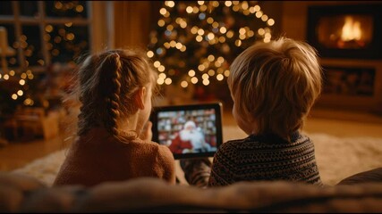 Two children sit together in a warm living room, captivated by a holiday program on a tablet. The festive atmosphere includes a glowing Christmas tree and a crackling fireplace