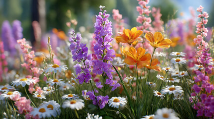 Obraz premium Blooming Meadow: A vibrant tapestry of colorful wildflowers, each petal a testament to nature's artistic expression, creates a breathtaking display of beauty, freshness, and life.