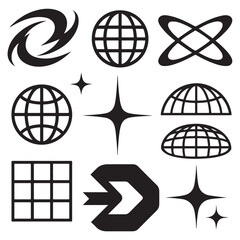 Futuristic Y2K vector shape set with abstract icons, globes, sparkle stars, grids, and tech-inspired elements. 
Perfect for digital design, posters, and streetwear graphics vector silhouette