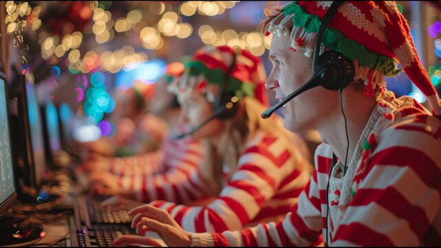 A group of male elves engaged in an online gaming event is dressed in colorful holiday costumes. The lively atmosphere features bright lights and cheerful decorations, enhancing the festive spirit