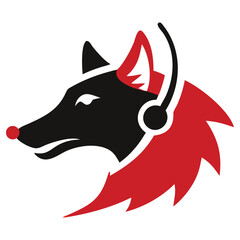 Black fox head wearing headset with red accents on a transparent background