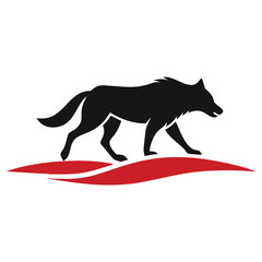 A solitary black wolf strides purposefully over subtle red land, showcasing power
