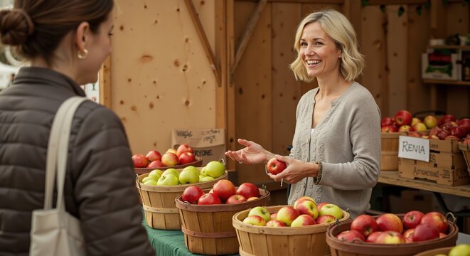 Smiling woman selling apples at farmers market to customer  
