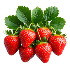 Cluster of Fresh Strawberries with Leaves and Dew Drops, isolated on a transparent background