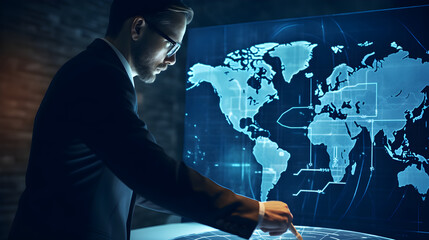Supply chain risk assessment concept. Logistics manager identifying vulnerabilities and mitigation strategies on digital map.
