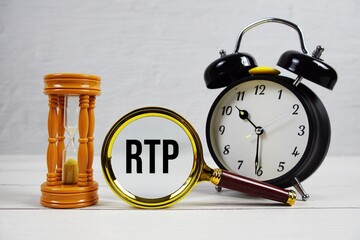 RTP abbreviation of Real Time Protocol text with alarm clock on wooden background