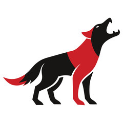 Stylized black and red wolf howls with its head raised against a white background