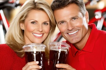 Couple drinking iced coffee at small sidewalk cafe, bicycles nearby 