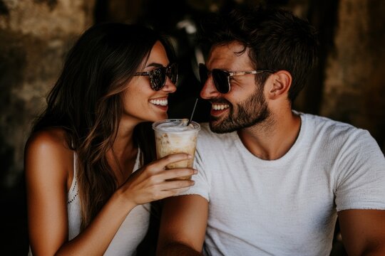 Couple drinking iced coffee at small sidewalk cafe, bicycles nearby  - Powered by Adobe