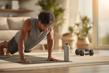 Young man stretches on yoga mat in bright home fitness space