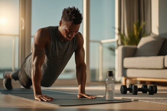 Young man stretches on yoga mat in bright home fitness space - Powered by Adobe