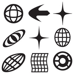 Futuristic Y2K vector shape set with abstract icons, globes, sparkle stars, grids, and tech-inspired elements. 
Perfect for digital design, posters, and streetwear graphics vector silhouette