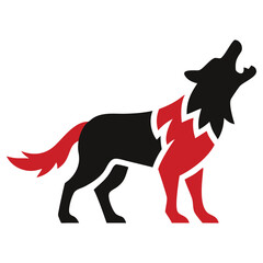 Red and black silhouette shows a wolf howling towards the sky isolated