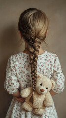 Little girl with braided hair holding teddy bear cozy indoor setting portrait image childhood memories soft focus