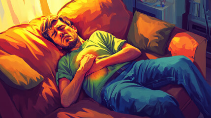 Man reflects on life choices living room digital artwork cozy environment close-up view emotions explored
