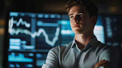 Analyzing market trends financial office image of analyst high-tech environment close-up perspective business insights