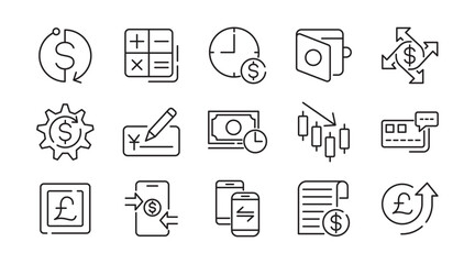 Payments line icon set. money, receipt, invoice, document, atm, cash, coins, credit card, wallet, savings, finance, growth, investments line icon set. Ui thin line icon pack.