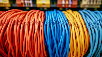 Vibrant network cables display tech store product photography retail environment eye-level view colorful connections