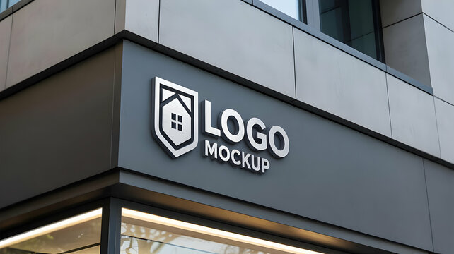 Silver logo mockup with a house icon attached to a gray building exterior wall corner view from below