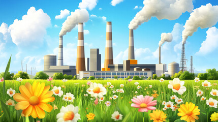 Industrial power plant emission bright meadow digital illustration sunny day artistic view nature vs. Industry