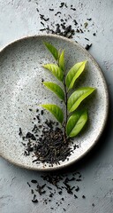 Grey speckled plate black tea leaves green tea sprig overhead shot image