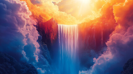 Majestic waterfall cascading through colorful clouds nature scene digital art vibrant sky serene landscape