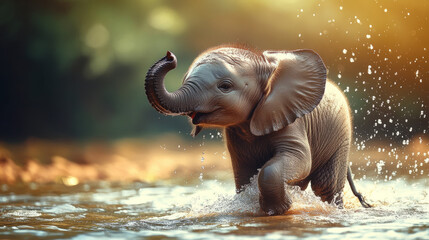 Playful baby elephant splashing in water nature reserve wildlife photography serene environment close-up joyful spirit