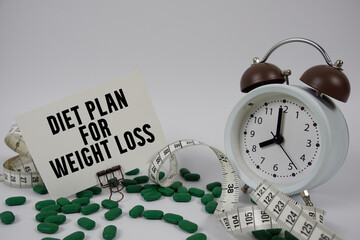 Diet Plan For Weight Loss text with medicine, alarm clock and measuring tape on white background