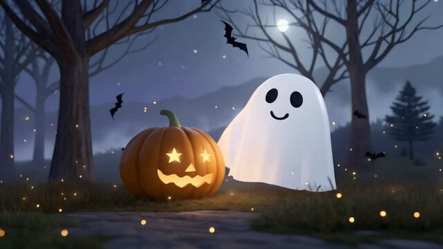 halloween wallpaper cute ghost with pumpkin glowing in dark night