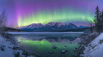 Northern lights display over snowy lake and mountains alberta canada landscape photography night sky nature's beauty