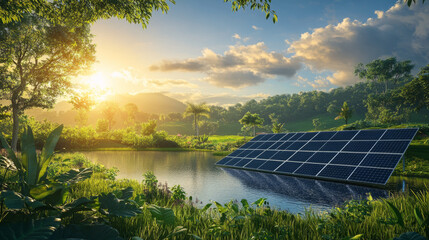 Solar panels reflecting sunrise over serene lake nature setting landscape photography tranquil environment captivating concept