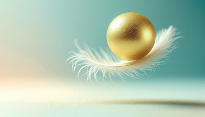 Golden sphere on white feather soft delicate