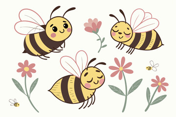 Sweet Bees with Kind Eyes – Vector Set