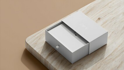 White Square Box with Magnetic Closure Slightly Opened on Marble Surface – Luxury Packaging Mockup