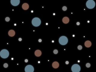 abstract illustration on black background with random dots pattern in faded blue, brown, grey and white in various sizes 