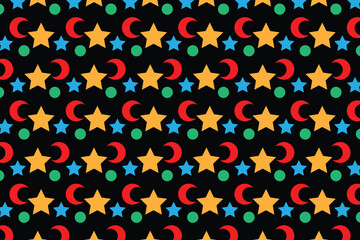 Vibrant celestial pattern featuring playful stars, moons, and dots in a repeating design, perfect for children's themes and whimsical backgrounds.