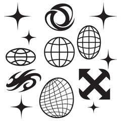 Futuristic Y2K vector shape set with abstract icons, globes, sparkle stars, grids, and tech-inspired elements. 
Perfect for digital design, posters, and streetwear graphics vector silhouette