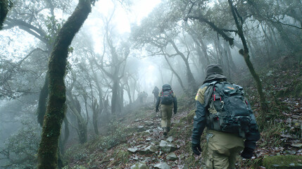 Hikers Trekking Misty Mountain Trail