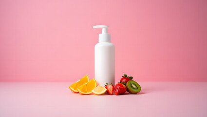 White Serum Bottle with Fresh Fruit on Pastel Pink Background – Skincare and Natural Beauty Concept