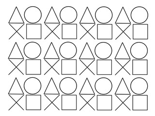 abstract illustration of repeating patterns of triangles, circles, crosses, and squares 
