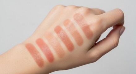 Naklejka premium Nude lipstick shades swatches on hand, for beauty blog, with copy space