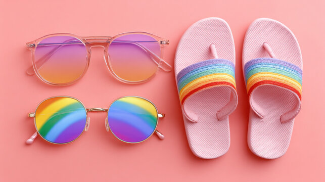 Rainbow Sunglasses and Flip-Flops: A vibrant summer image featuring a pair of rainbow flip-flops and two pairs of sunglasses, one with a gradient lens and the other with a rainbow reflection.